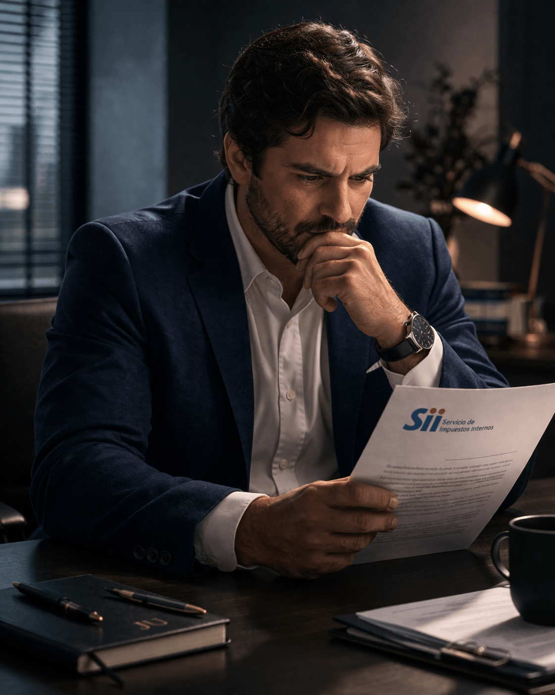 Empresario preocupado revisando notificación del SII
