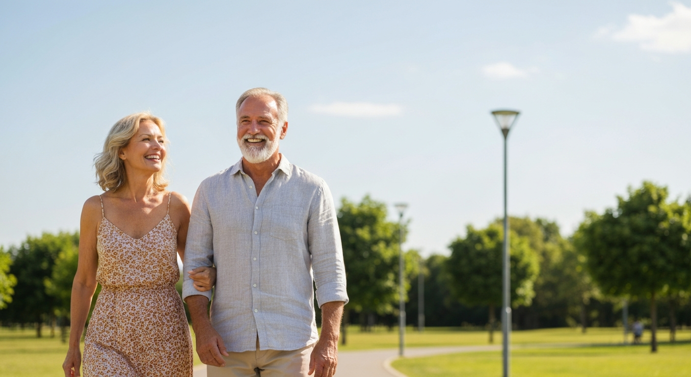 Happy retired couple walking in a park