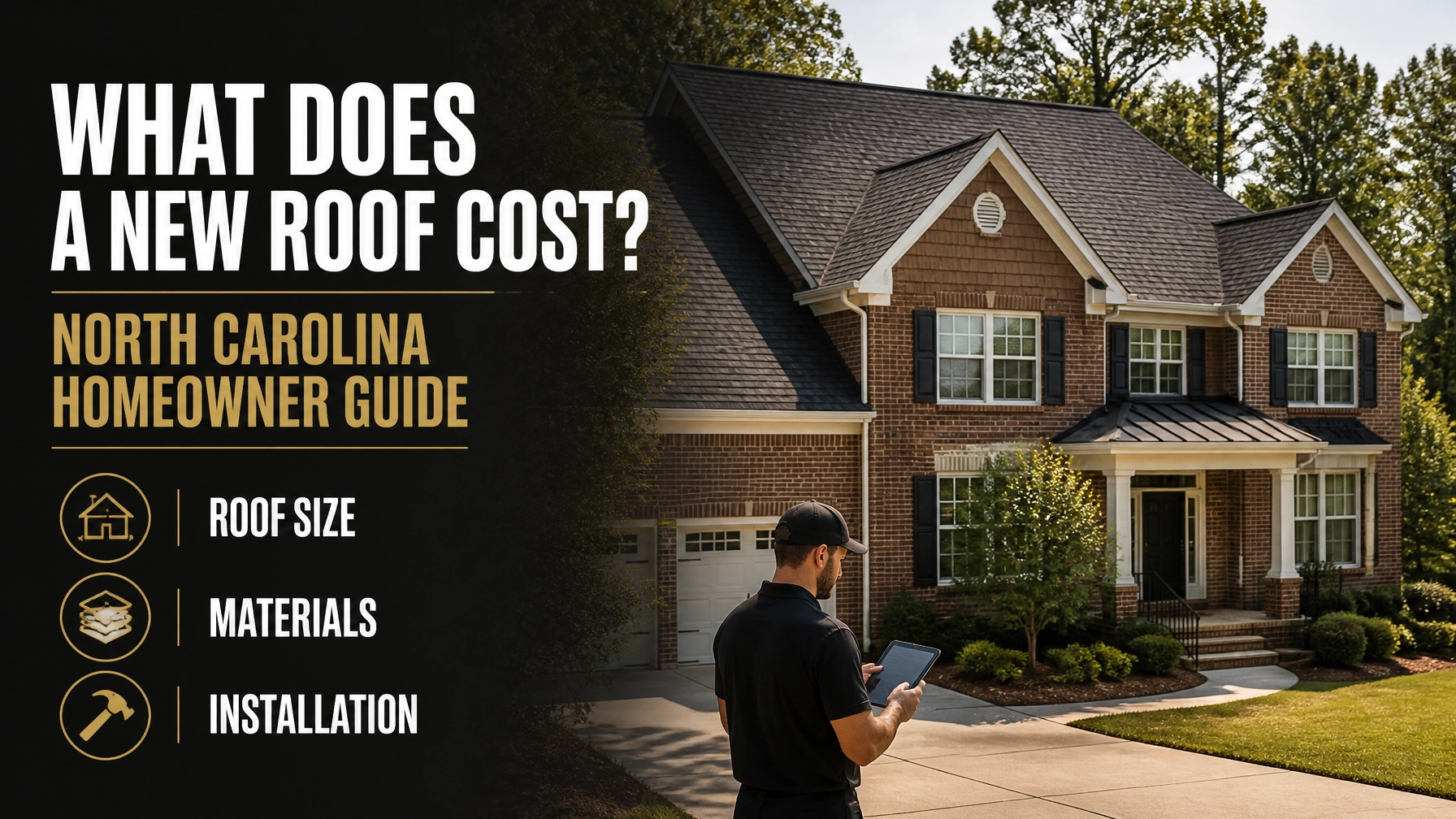 Graphic explaining new roof costs for North Carolina homeowners with a realistic Mooresville home and roofing professional.