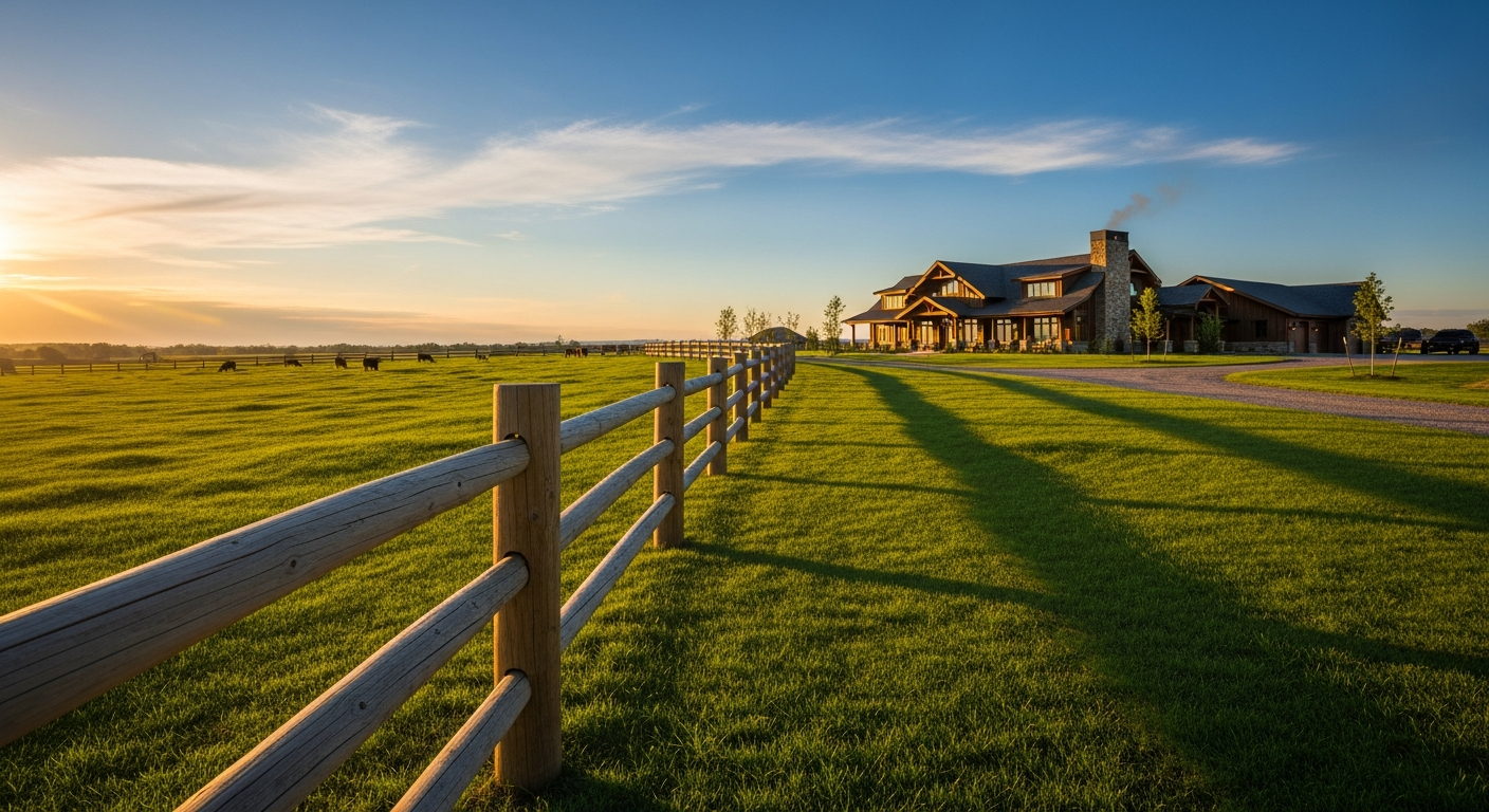 Ranch home in Washington County, Texas, surrounded by lush green fields and wooden fencing, with cattle grazing in the background, showcasing the idyllic Texas hill country lifestyle.