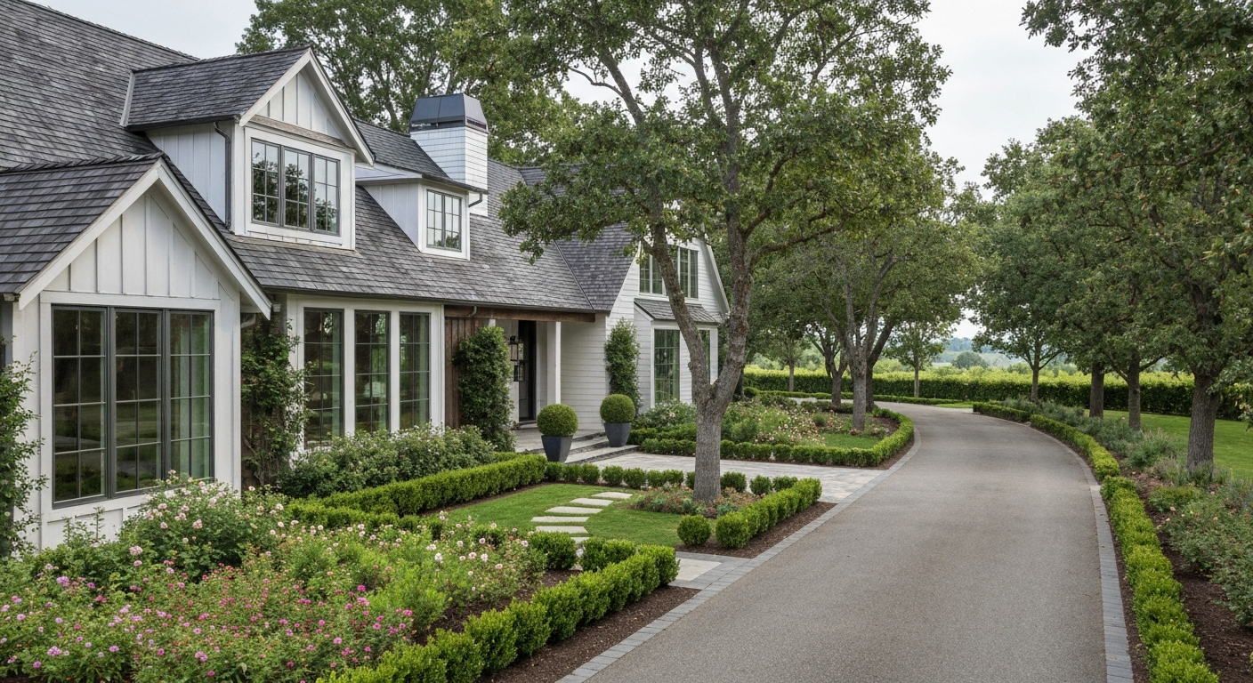Elegant country home with landscaped garden and driveway, showcasing suburban charm in Fort Bend County, Texas.