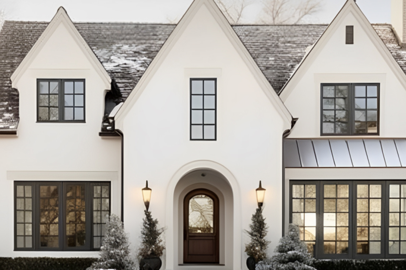 Modern white house facade with dark trim, featuring symmetrical windows, an arched front door, and outdoor lighting, set against a winter backdrop.
