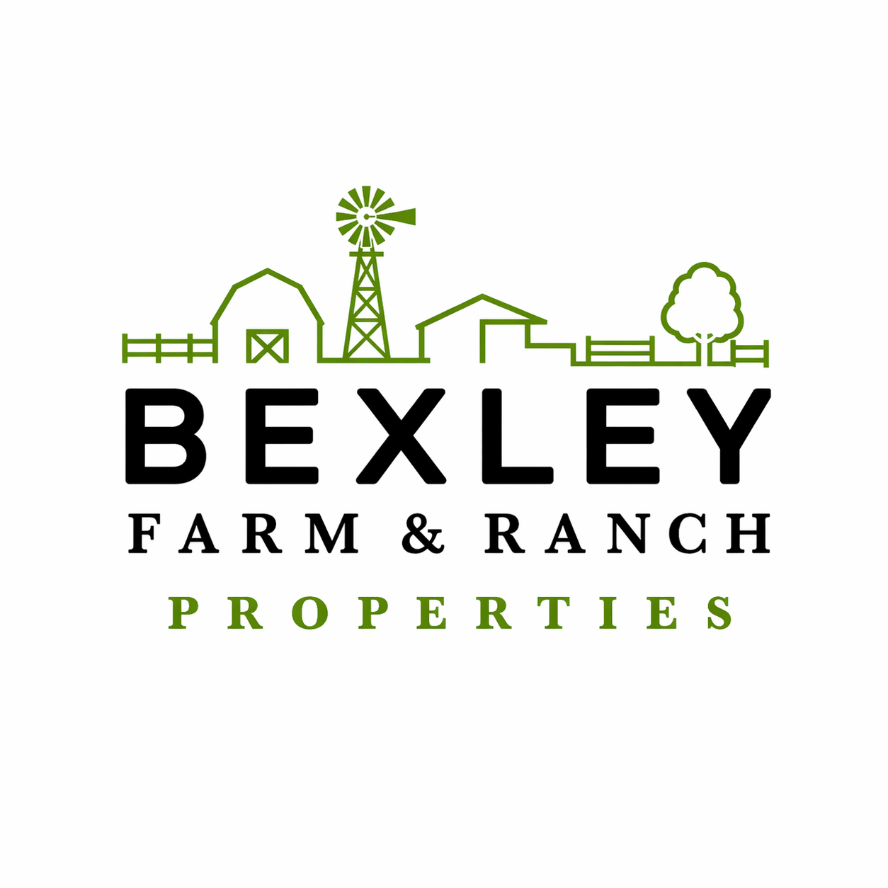 Bexley Farm & Ranch Properties logo featuring a windmill, barn, house, tree, and fence, representing Texas land transactions and rural real estate expertise.