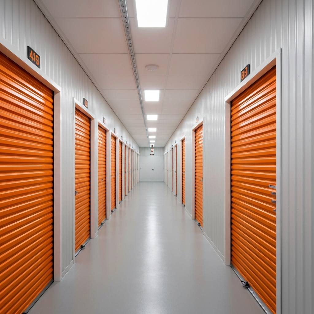 Clean indoor air-cooled storage hallway with orange doors