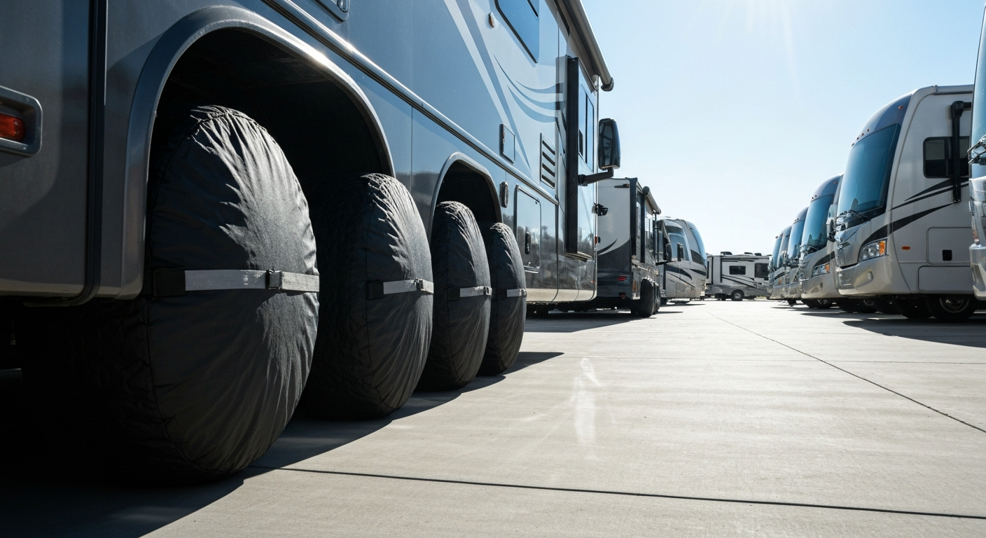 RV tires protected by covers at a Southern Utah storage facility