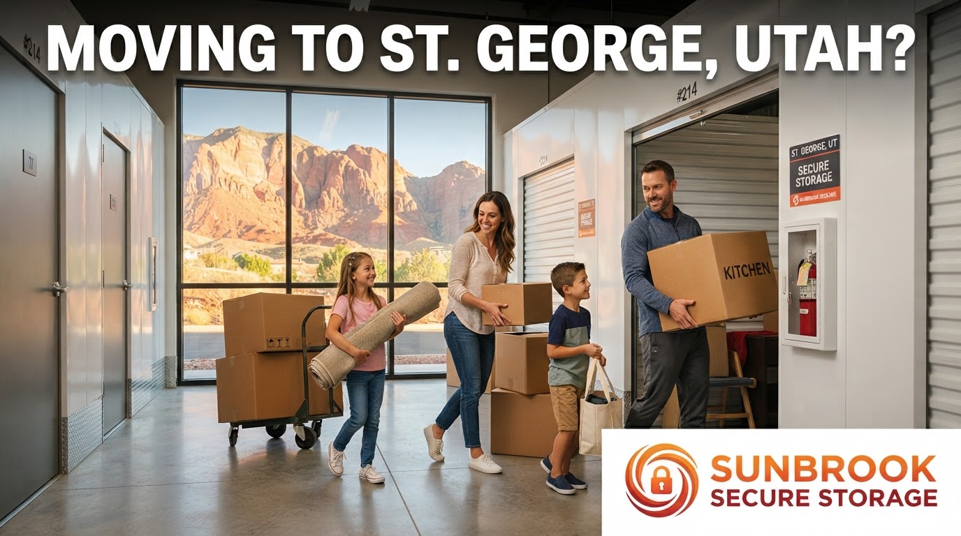 Family moving boxes into indoor storage unit at Sunbrook Secure Storage in St. George, Utah with complete moving checklist for 2026 and Sunbrook logo branding