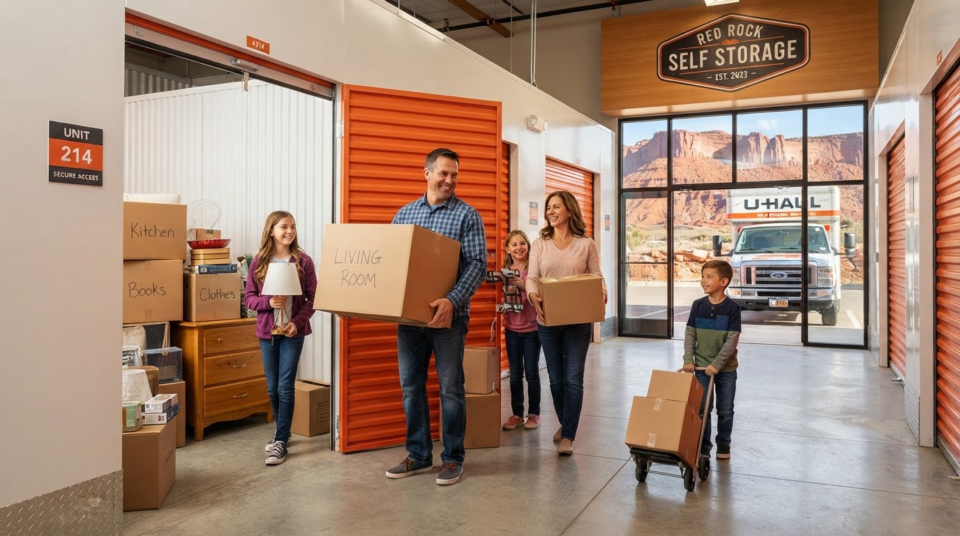 Moving storage in St. George, Utah — family loading boxes and furniture into a Sunbrook Secure Storage unit with U-Haul truck nearby