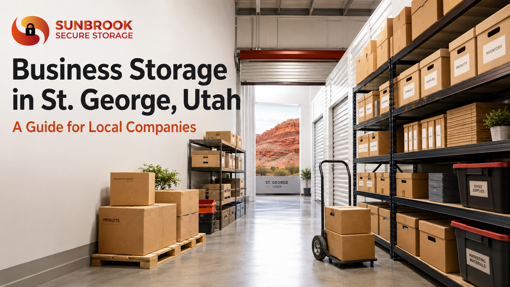 Organized business storage in St. George Utah with labeled inventory boxes, shelving units, and Sunbrook Secure Storage branding