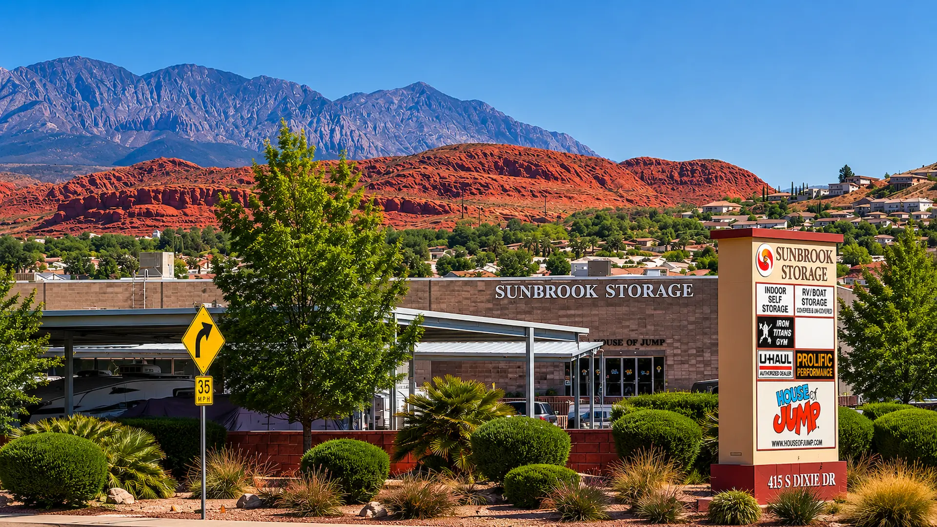 Sunbrook Storage facility at 415 S Dixie Drive, St. George, Utah with iconic red rock mountains backdrop — Indoor Self Storage and RV Boat Storage near me