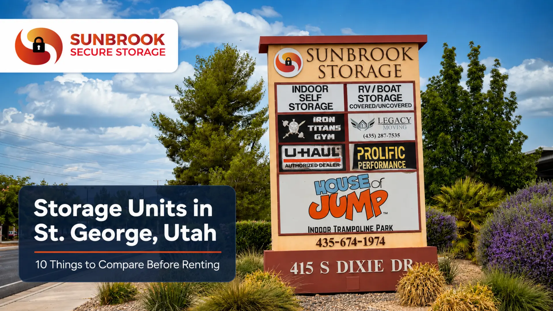 Sunbrook Secure Storage facility sign at 415 S Dixie Drive in St. George, Utah, showing indoor self storage and RV/boat storage services