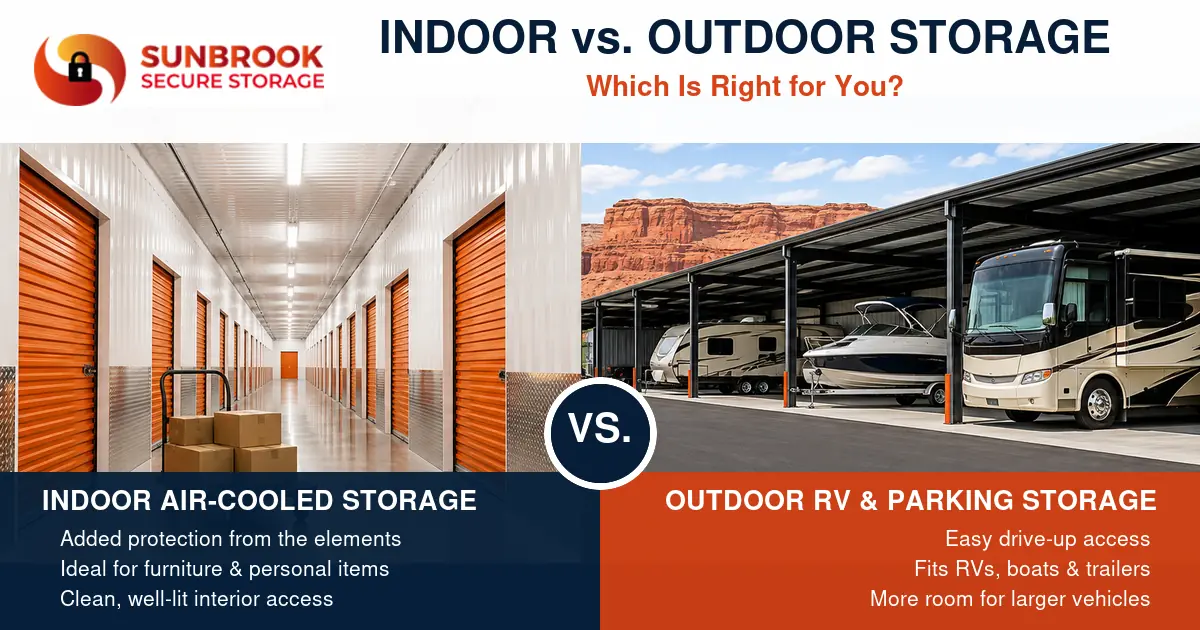 Indoor vs Outdoor Storage comparison at Sunbrook Secure Storage in St. George Utah showing indoor air-cooled units versus covered RV boat parking with Sunbrook logo branding