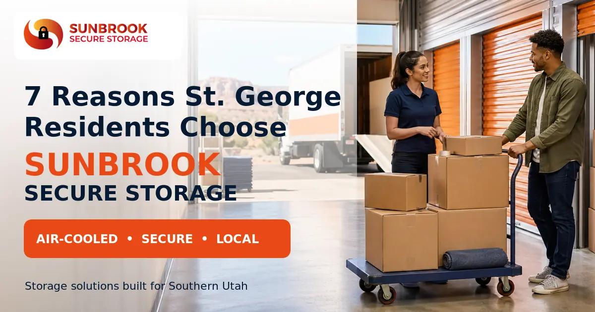 7 Reasons St. George Residents Choose Sunbrook Secure Storage - showing friendly staff helping customer with moving boxes at indoor air-cooled storage facility in St. George Utah with Sunbrook logo branding