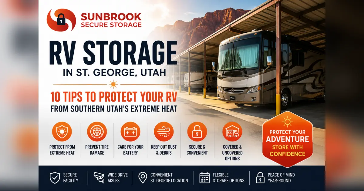 RV Storage in St. George Utah 10 Tips to Protect Your RV from Southern Utah Heat showing Class A motorhome under covered parking with Sunbrook Secure Storage logo and red rock landscape background