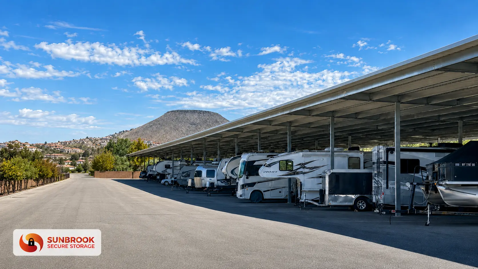 Covered RV and boat storage parking at Sunbrook Secure Storage in St. George, Utah