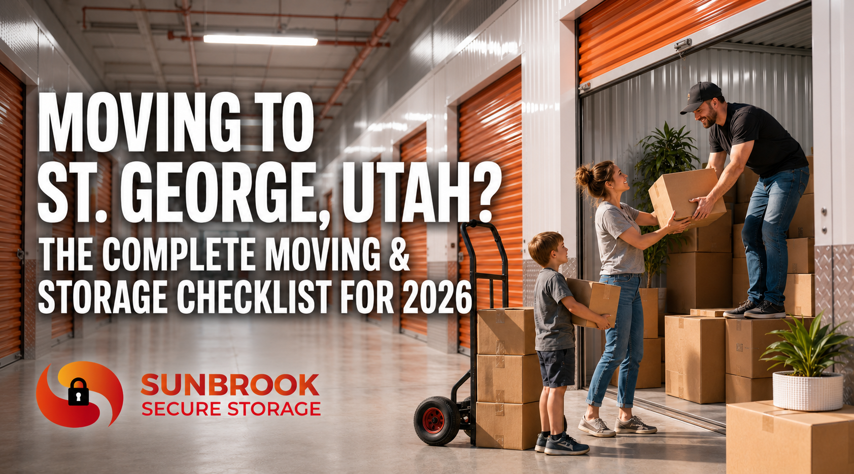 Family moving belongings into indoor Sunbrook Secure Storage units in St. George, Utah