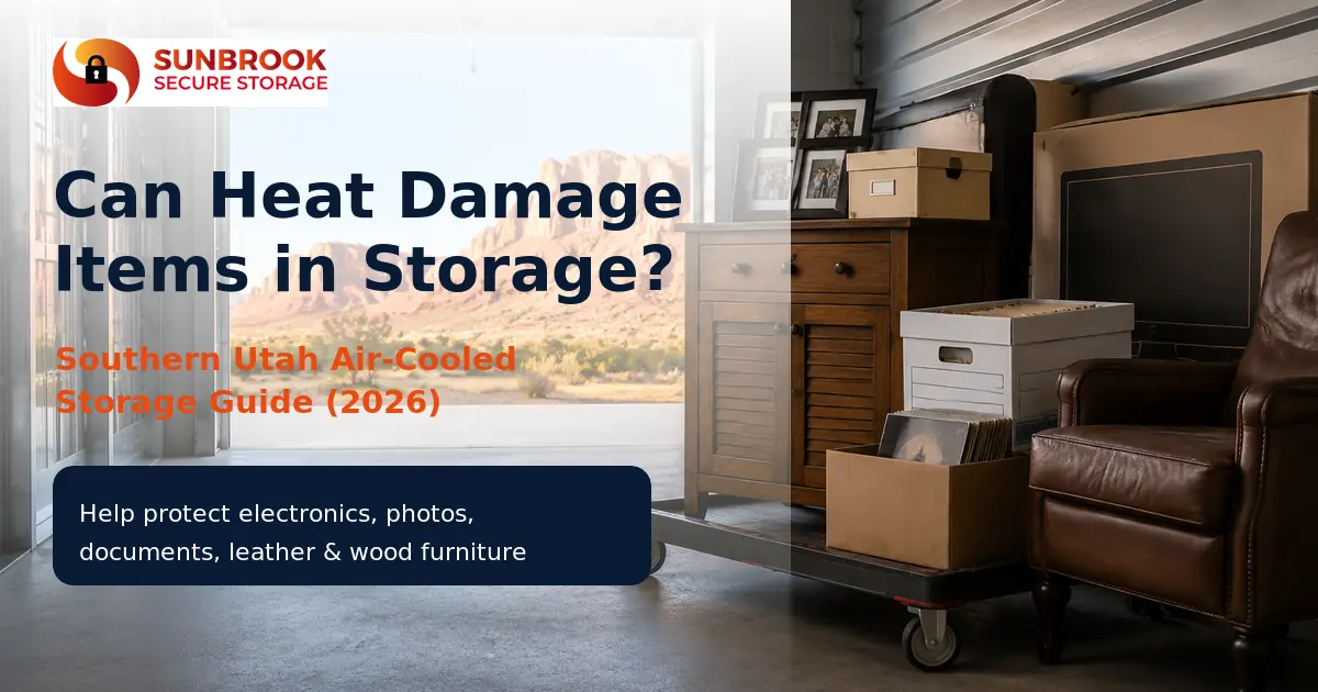 Can Heat Damage Items in Storage? A Southern Utah Guide to Choosing an Air-Cooled Storage Facility (2026) showing Sunbrook Secure Storage indoor air-cooled storage units protecting electronics, photos, documents, leather and wood furniture from extreme heat in St. George, Utah with Sunbrook logo branding