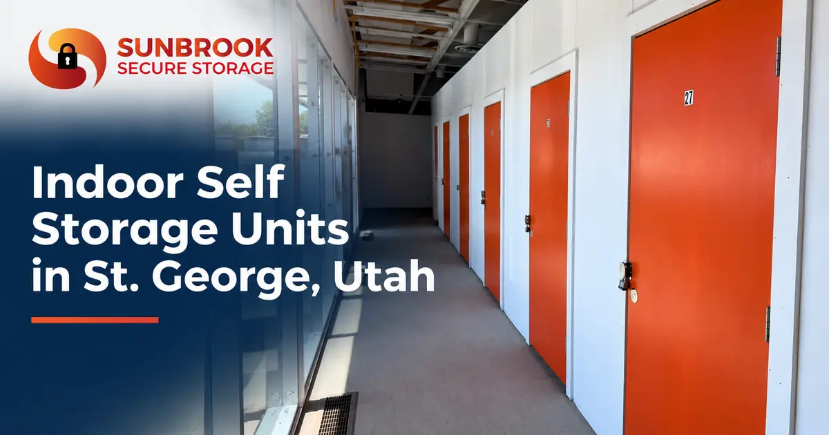 Indoor self storage units with secure orange doors at Sunbrook Secure Storage in St. George, Utah
