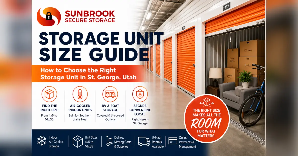 Storage Unit Size Guide How to Choose the Right Storage Unit in St. George Utah showing indoor air-cooled storage units from 4x5 to 16x35 with Sunbrook Secure Storage logo branding