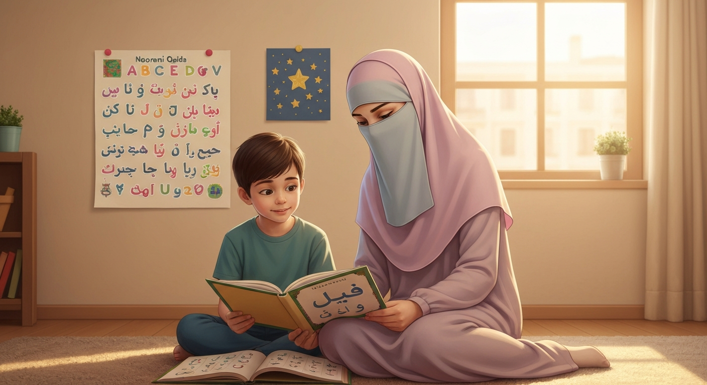 Mutter mit Niqab und Kind lernen Quran im Wohnzimmer