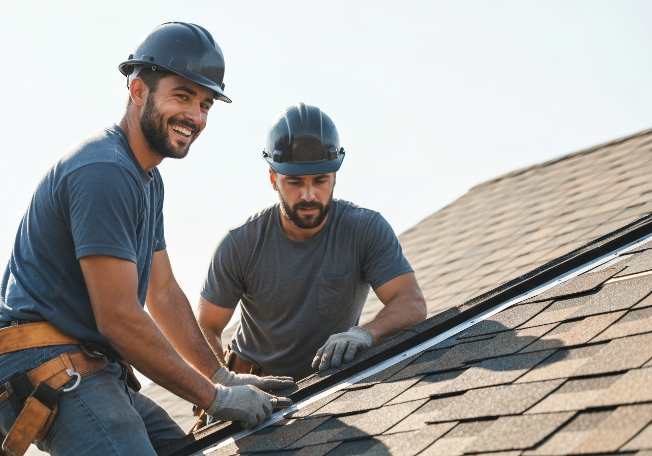 Two handsome roofers working hard on a roof