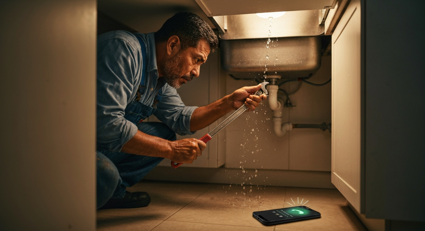Plumber busy working under a sink with his cell phone on the floor ringing