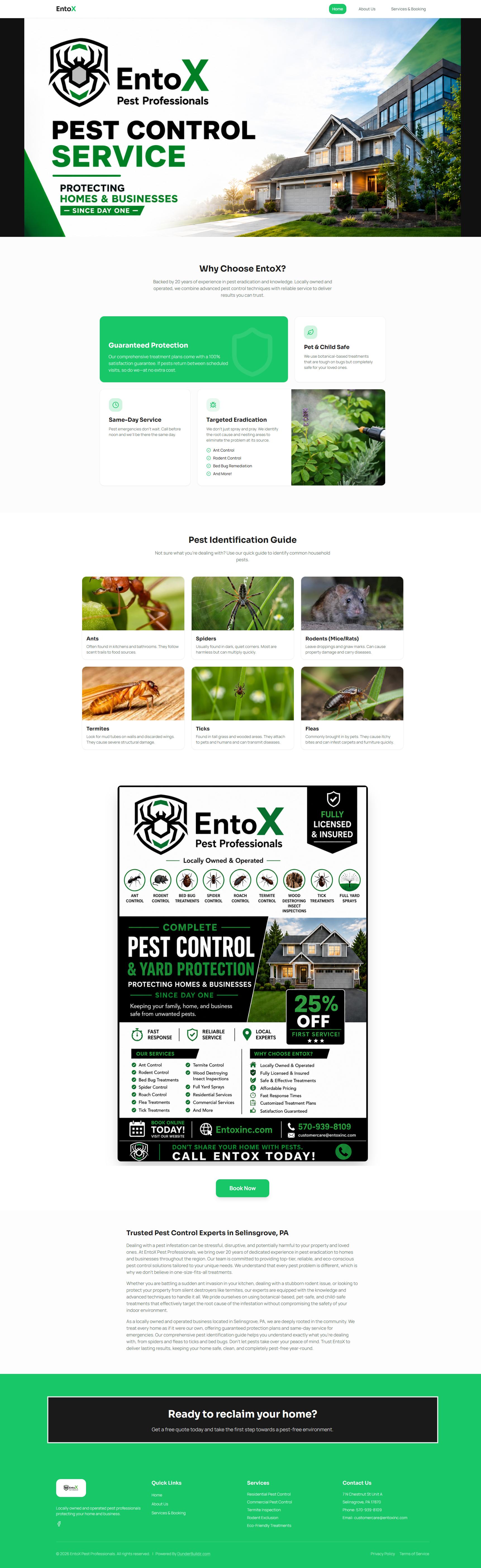 EntoX Pest Control website layout example - blue collar service business design