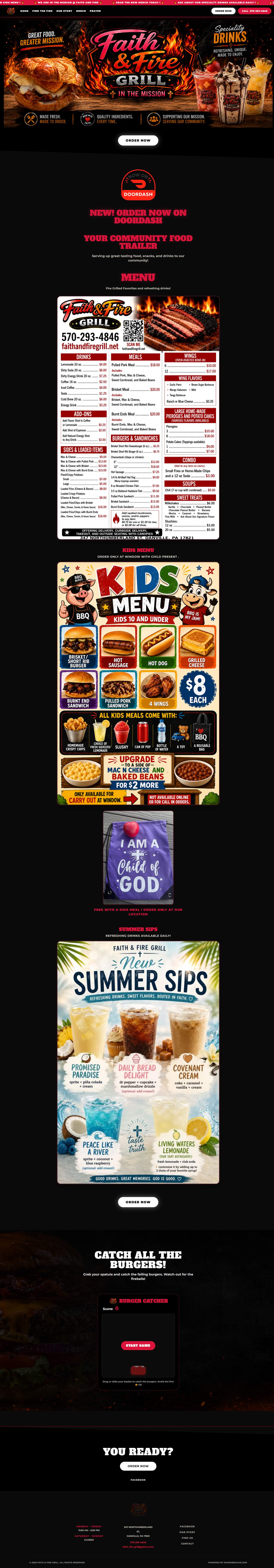 Faith & Fire Grill website layout example - local business design with bold branding
