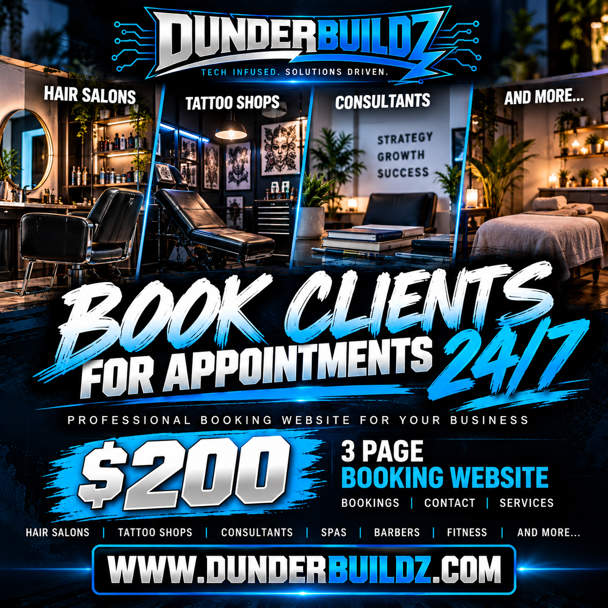 DunderBuildz $200 3-Page Booking Website — Book Clients For Appointments 24/7 for Hair Salons, Tattoo Shops, Spas, and more