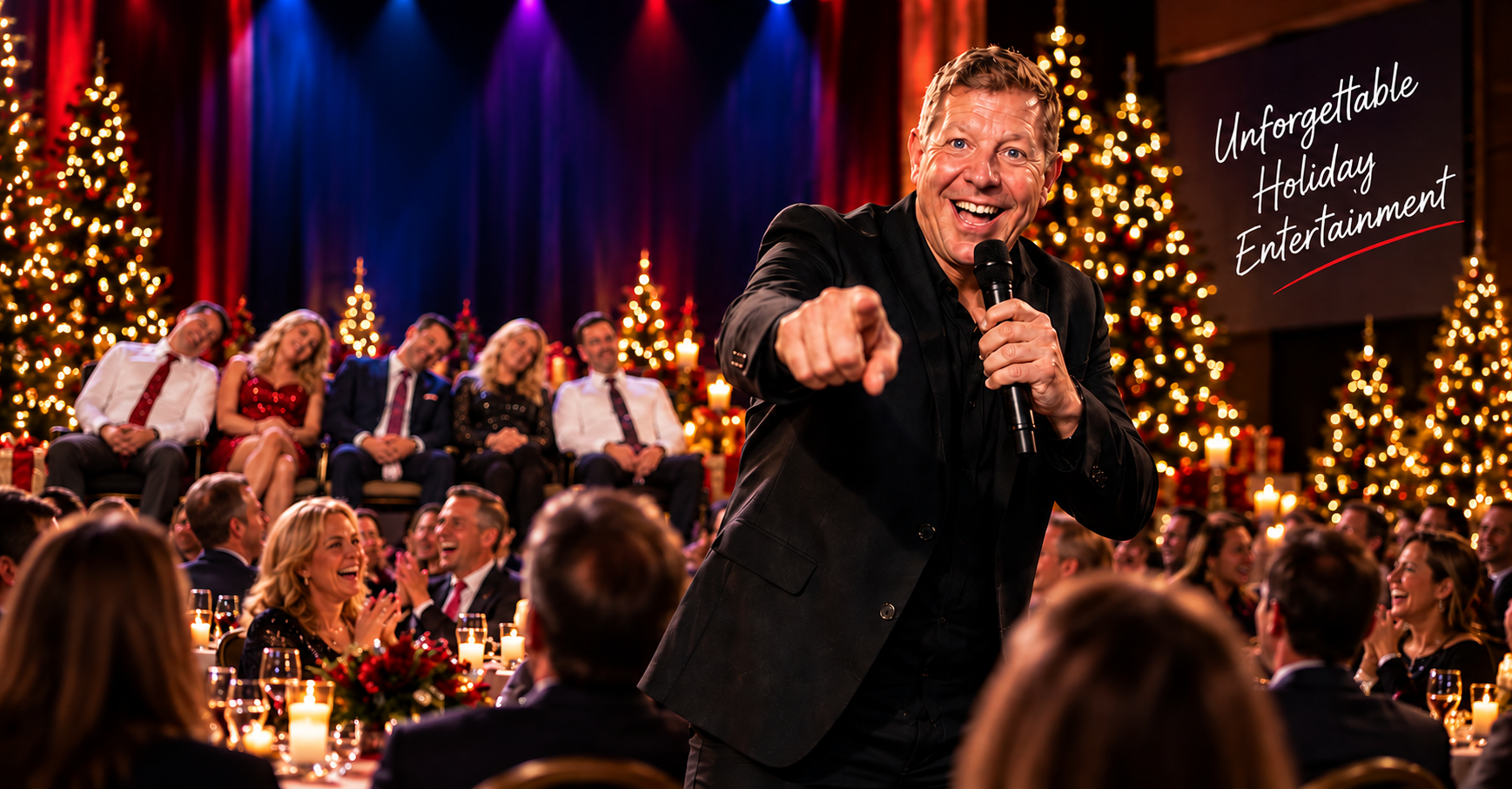 Scott Christie interacting with hypnotized volunteers at a corporate Christmas event