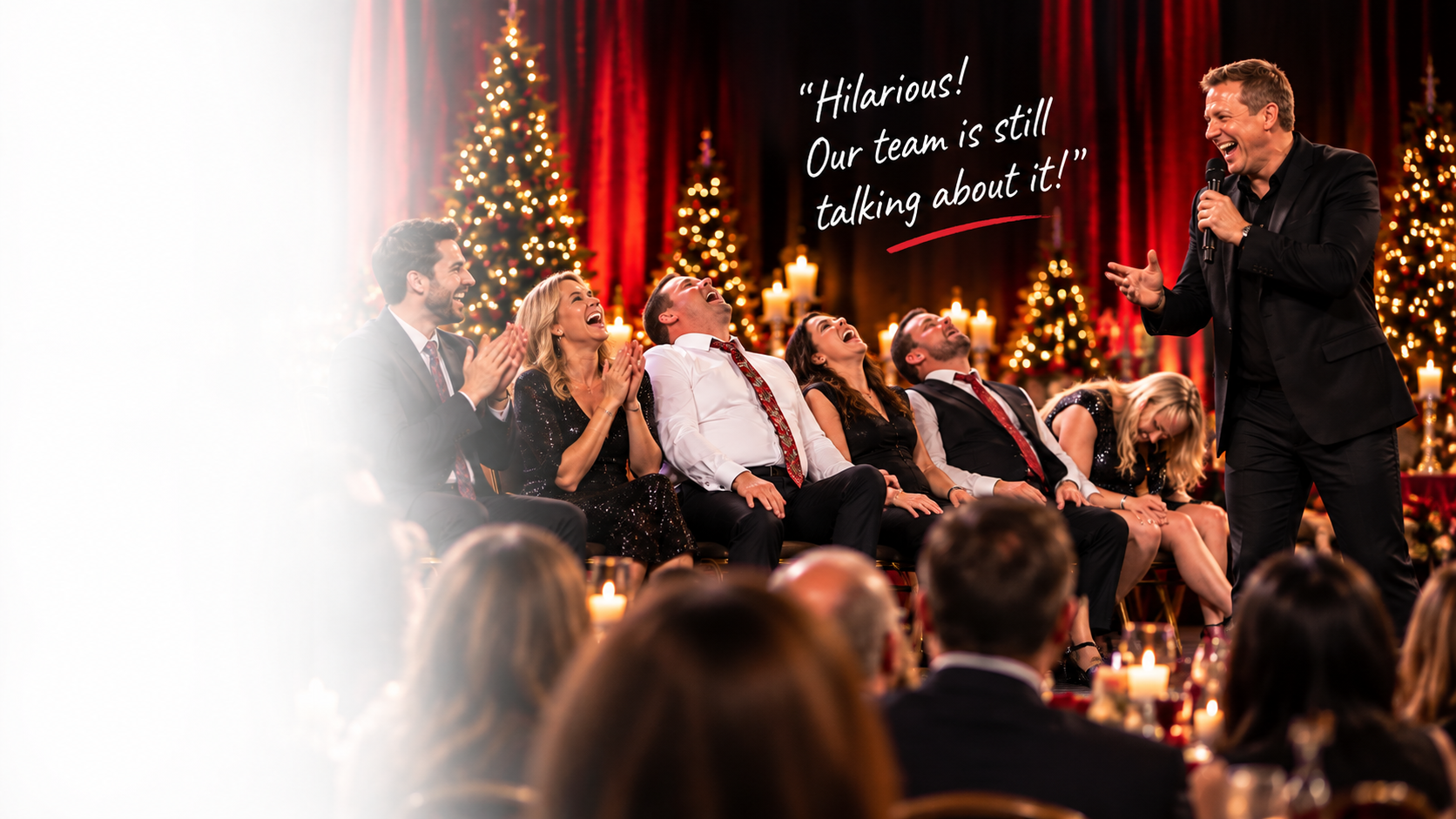 Large corporate holiday audience laughing together during Scott Christie's hypnosis show