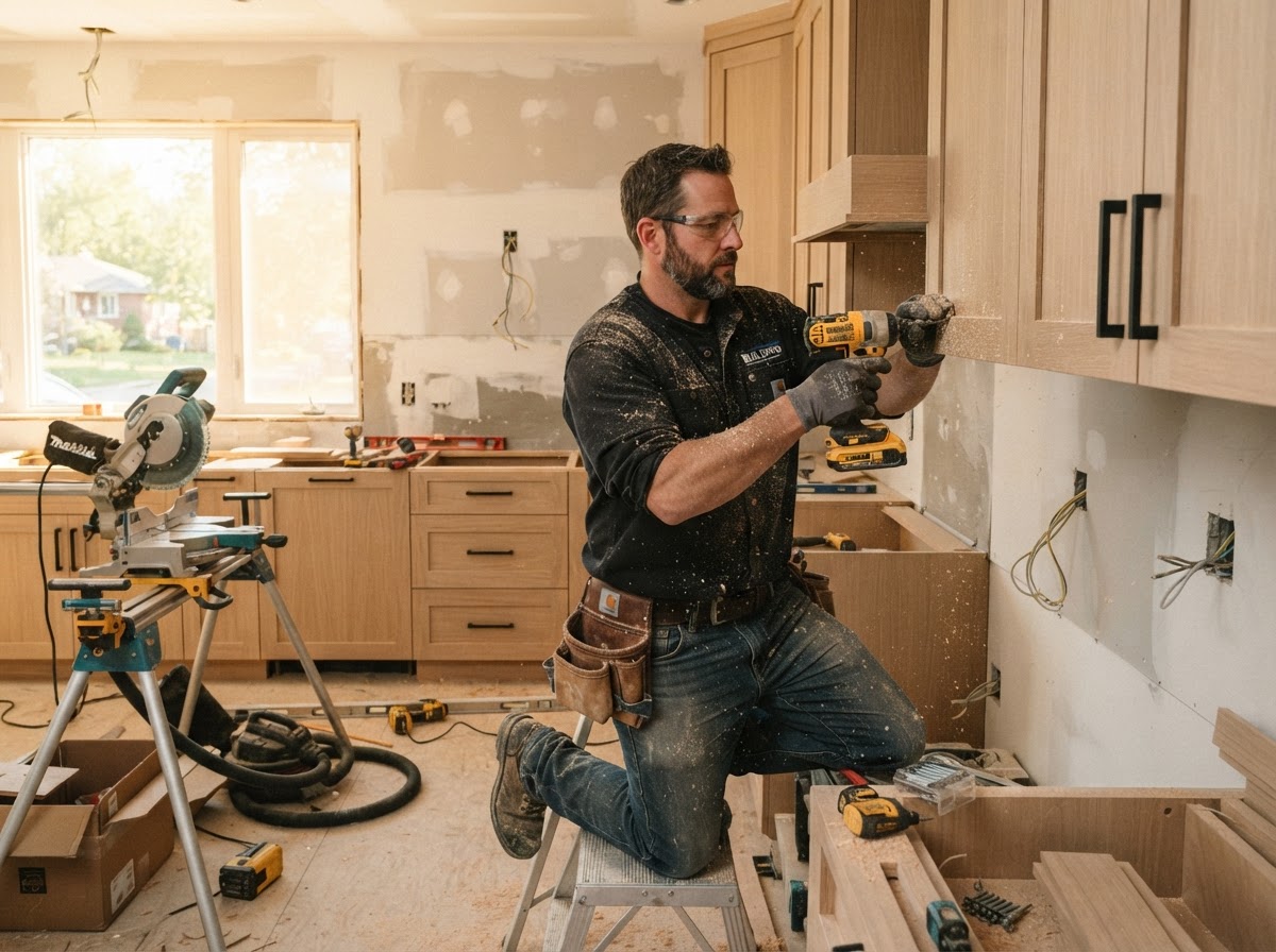 Contractor installing cabinetry during a kitchen remodel