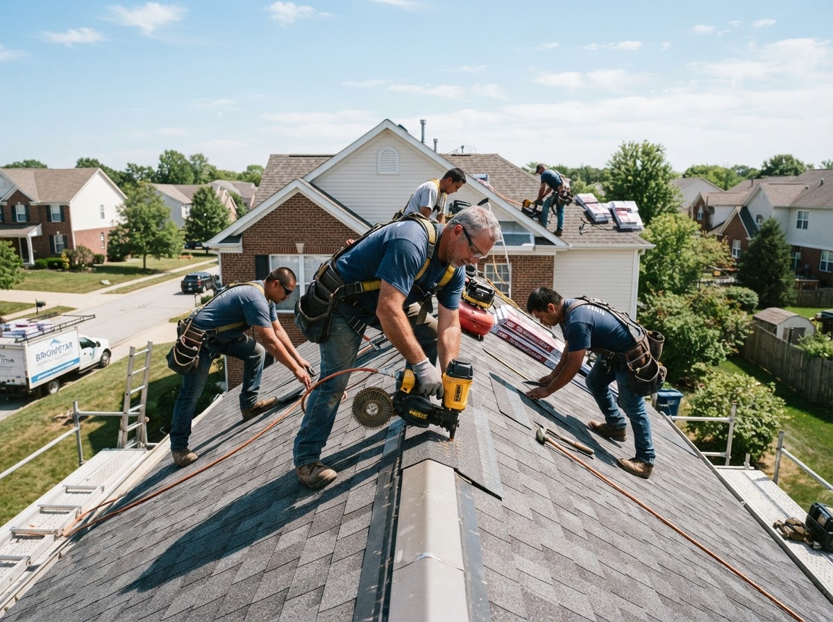 Roofing crew working on a residential roof