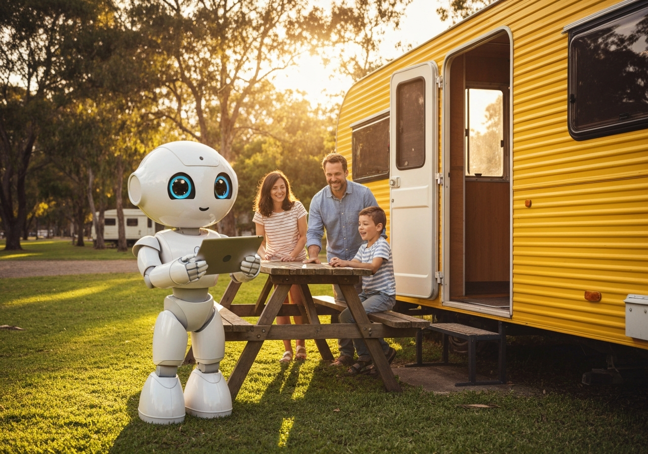 AI Robot helping family at campground