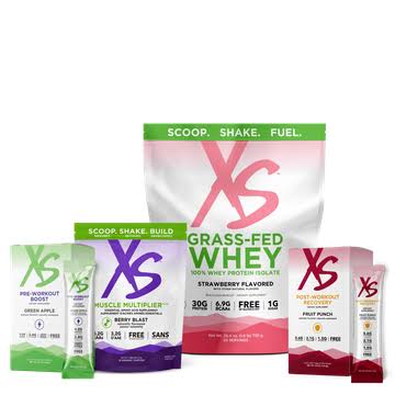 XS Sports Nutrition product bundles including Whey Protein, Pre-Workout, and Muscle Multiplier