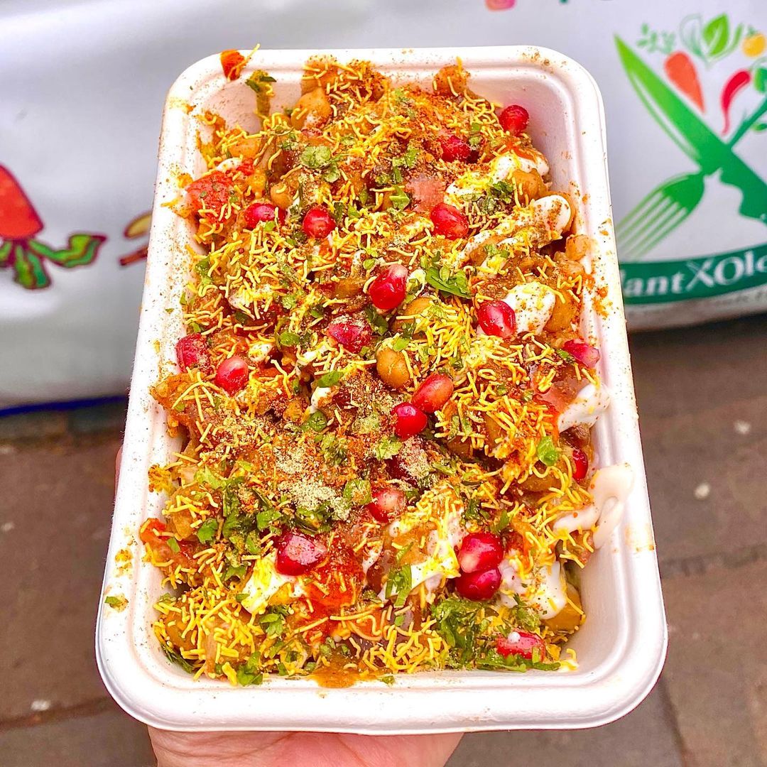 Samosa Chaat — Indian street food snack with chutneys and chickpeas