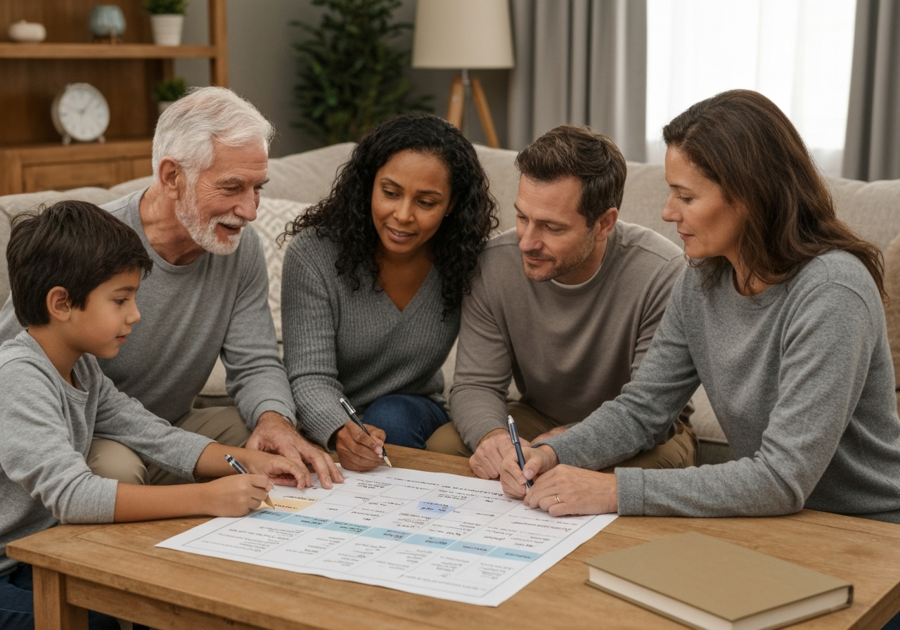 Family reviewing a calendar and checklist for a senior move