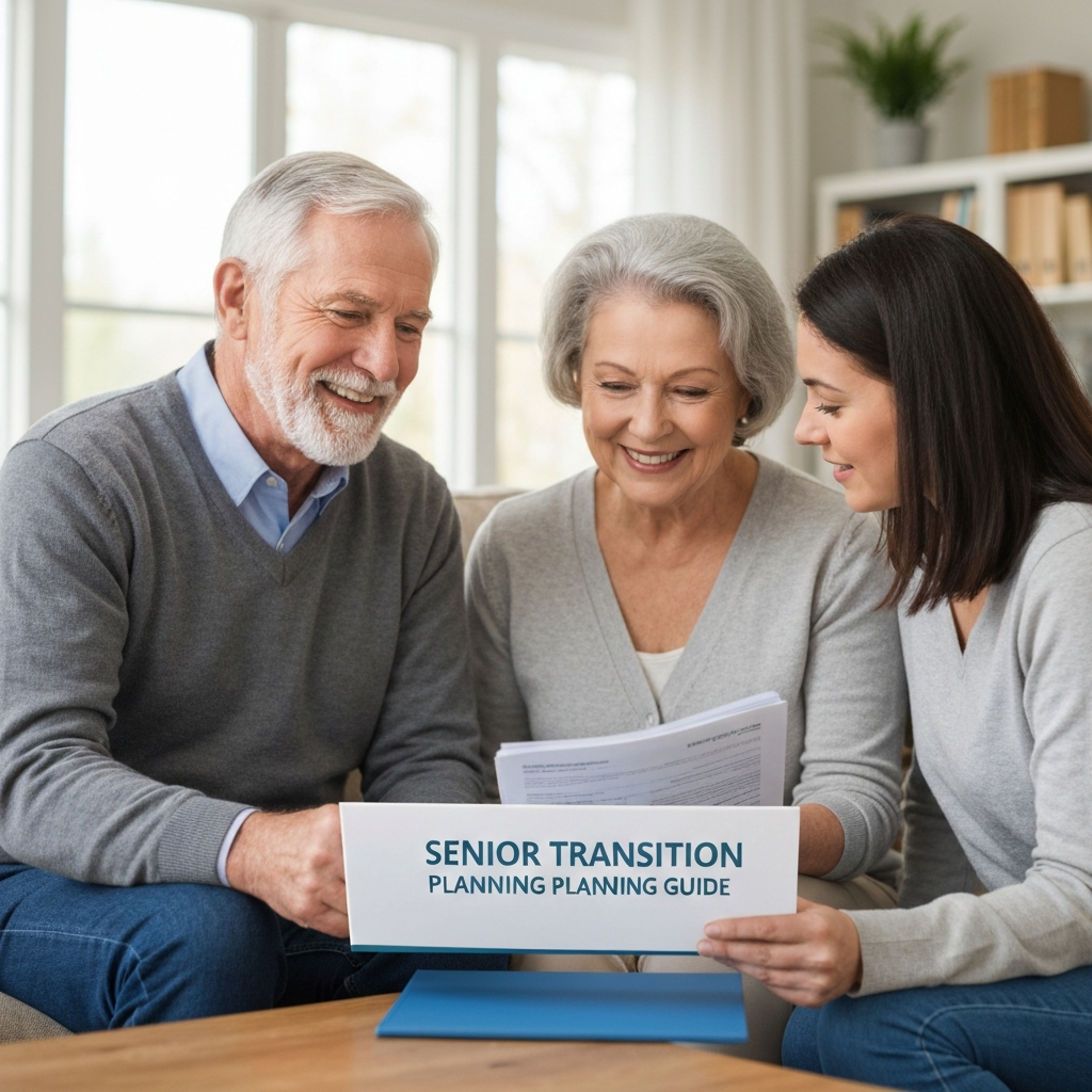 Senior couple and adult child reviewing a senior transition planning guide at home