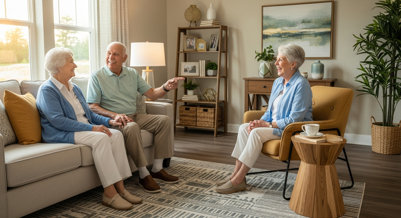 Happy seniors enjoying their new apartment in a modern, comfortable senior living community.