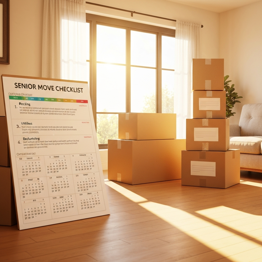 Senior move checklist with calendar and moving boxes
