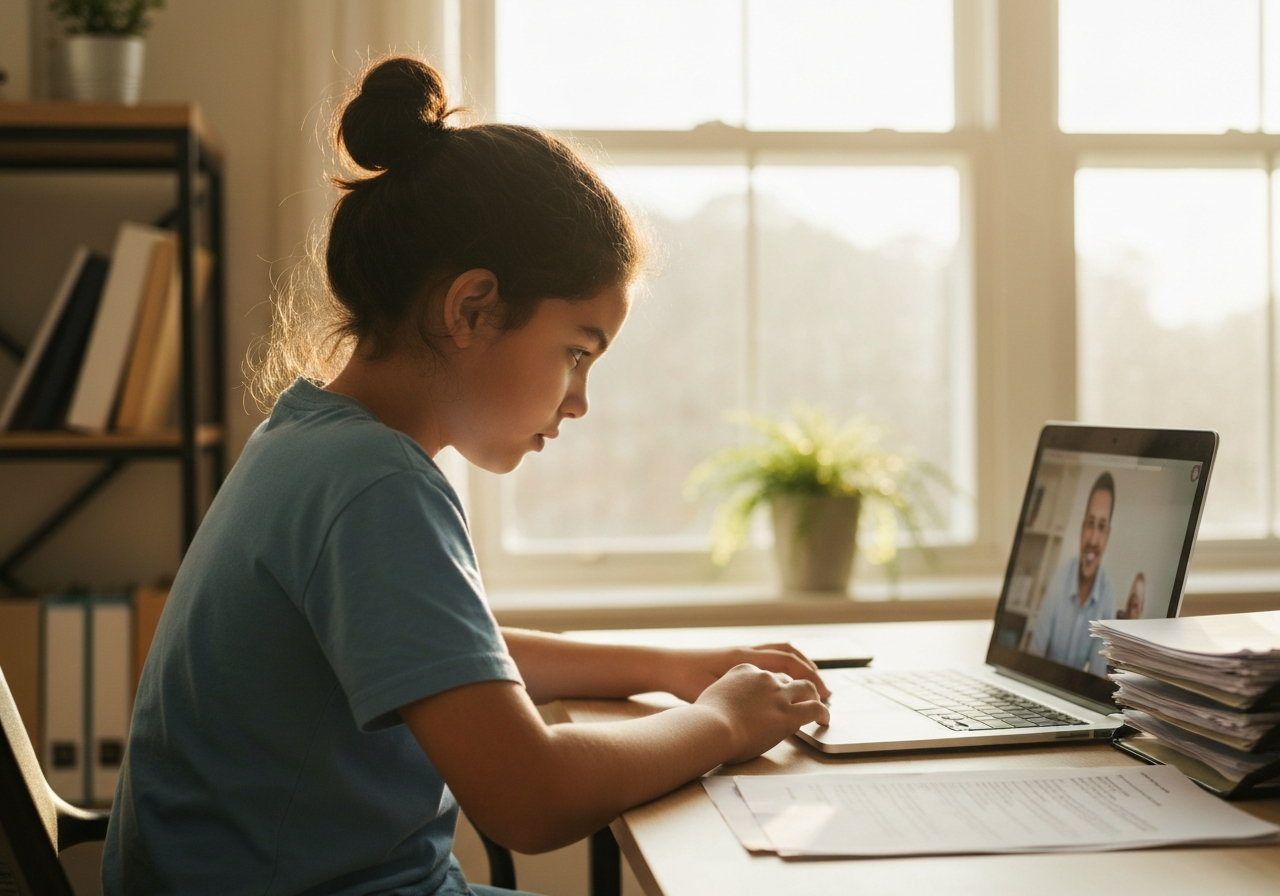 Adult child on a laptop or video call reviewing home documents