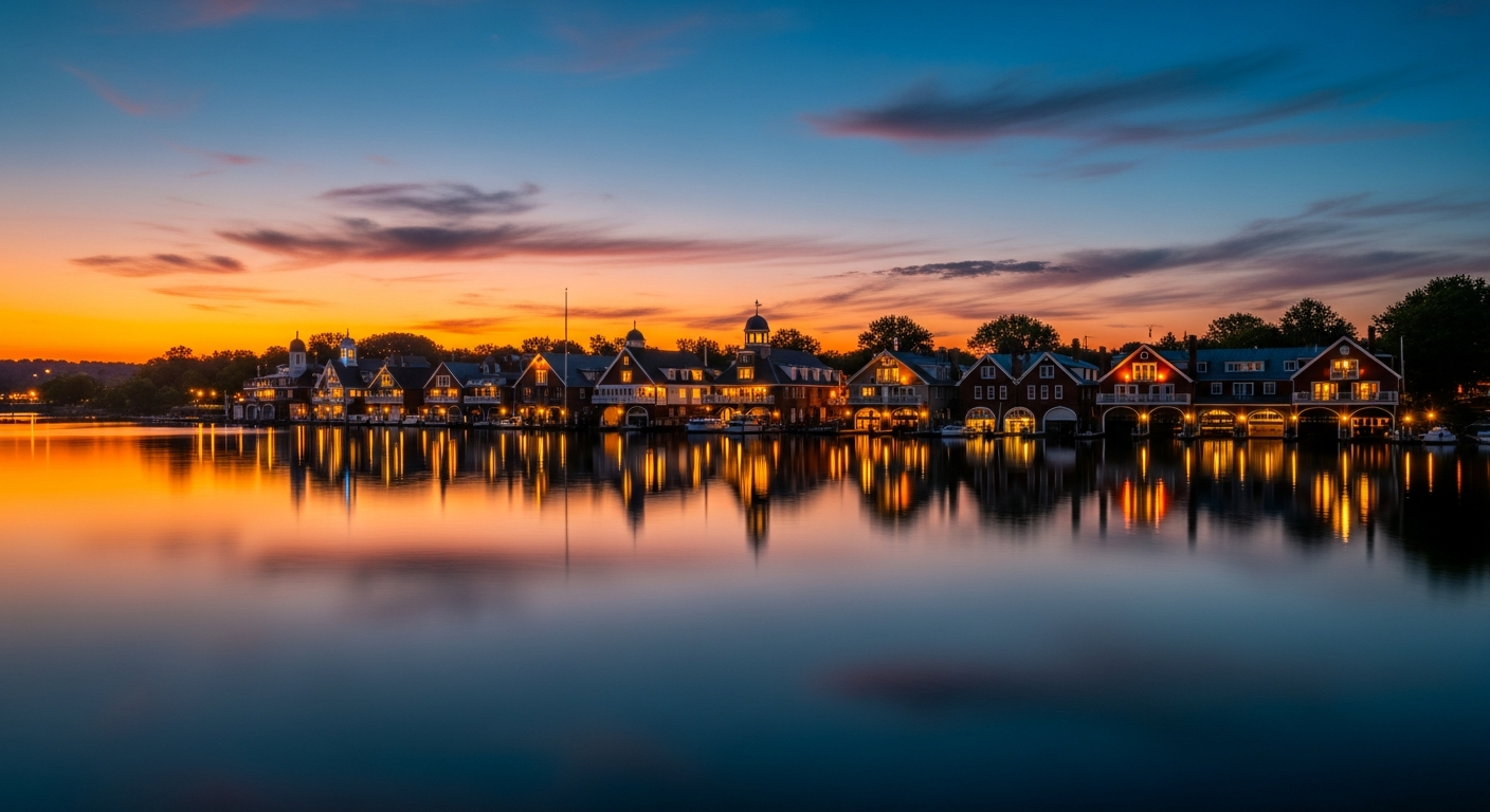 Iconic Philadelphia Boathouse Row at sunset