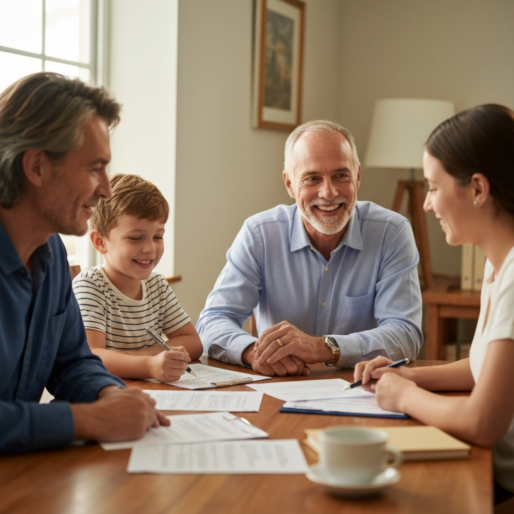 Family members meeting at a table or reviewing notes together