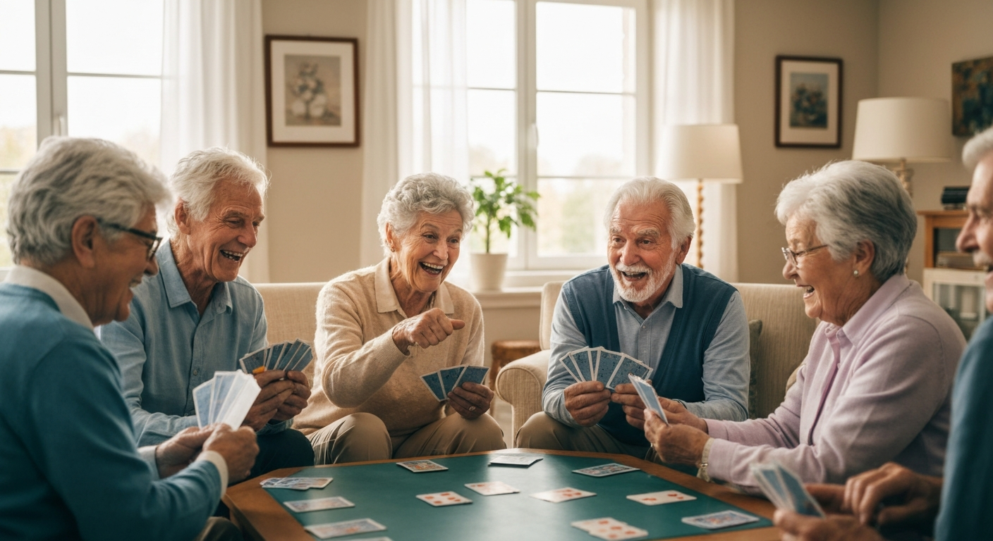 Happy seniors playing cards, laughing, socializing, and enjoying time together.