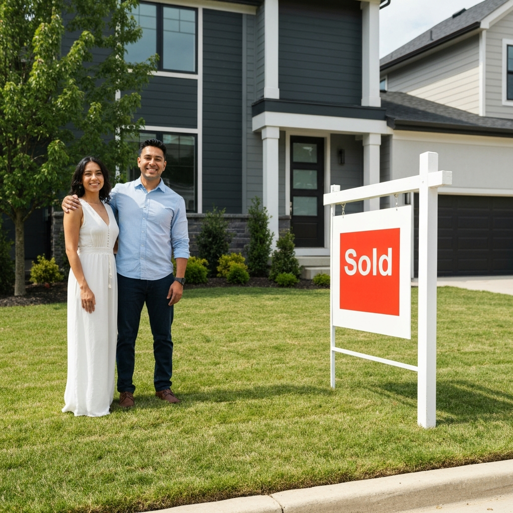Happy couple in front of a home with a sold sign