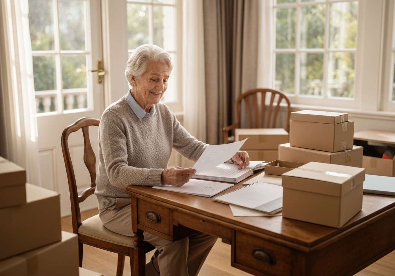 Senior homeowner reviewing papers or organizing belongings in a warm home