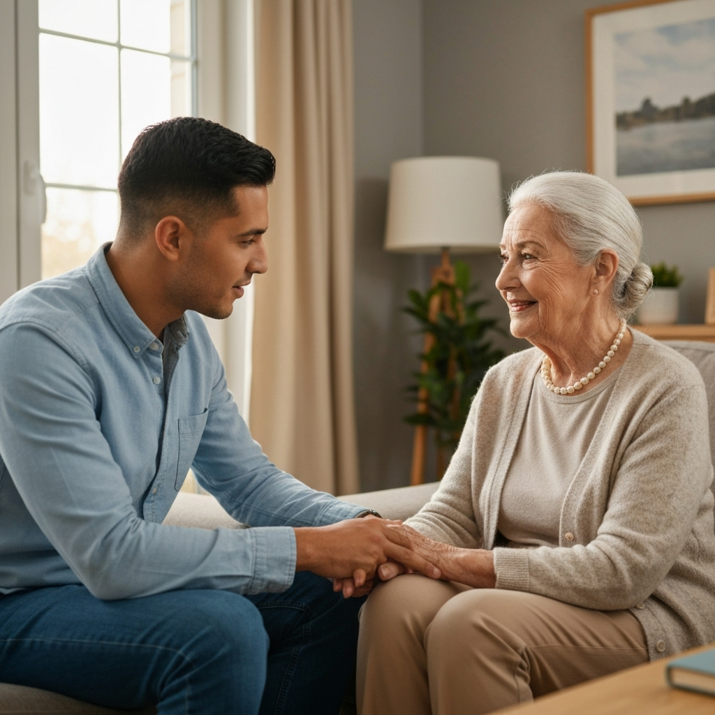 Adult child and senior parent having a calm conversation at a kitchen table