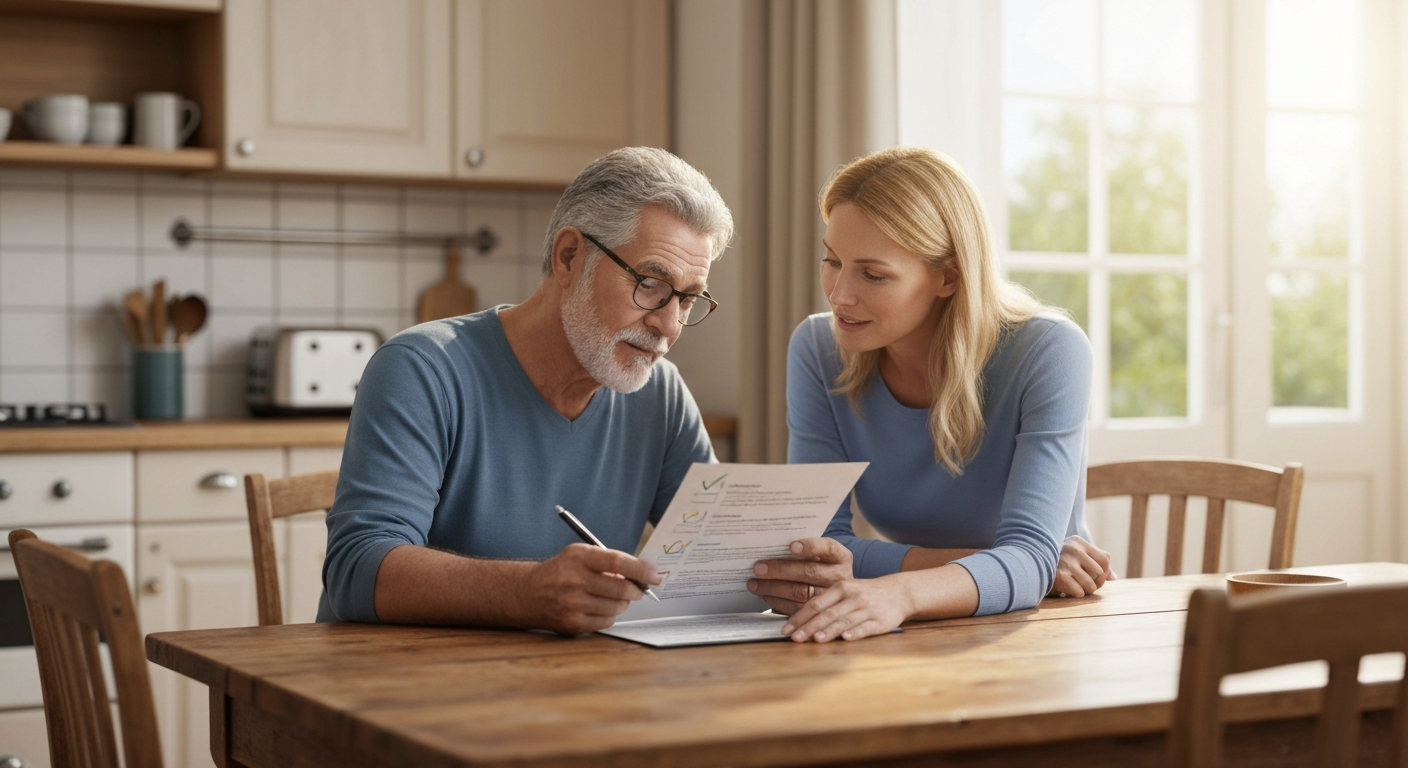 Senior homeowner and adult child reviewing a senior transition checklist