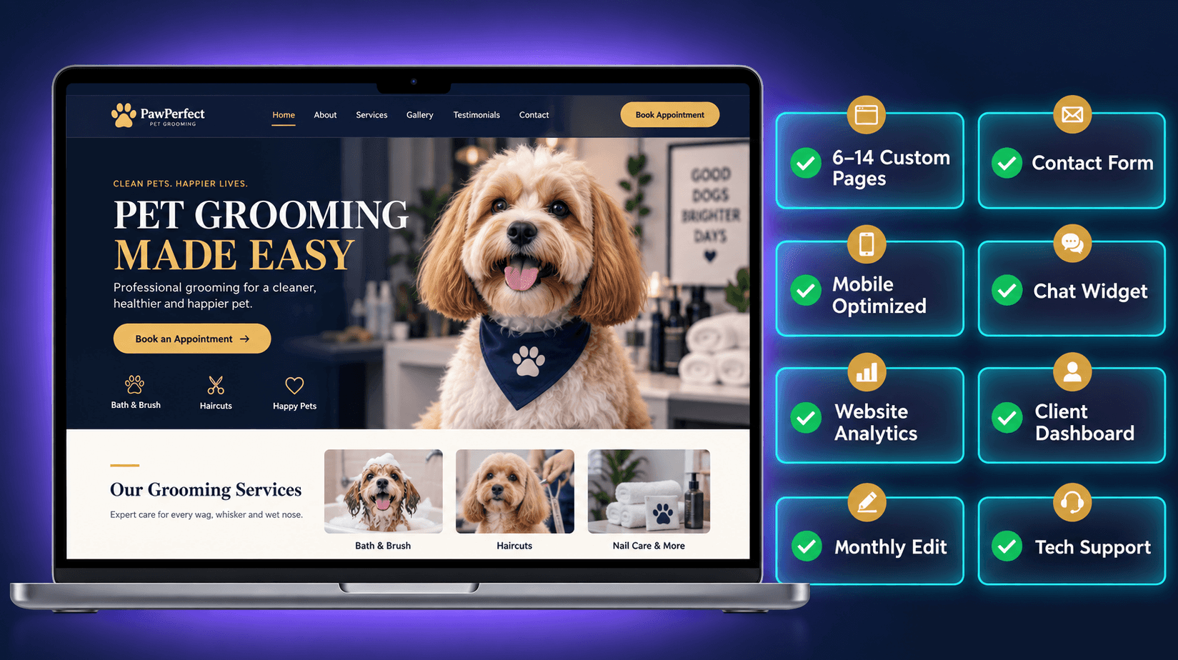 Conversion Website Pro preview showing laptop mockup and core features