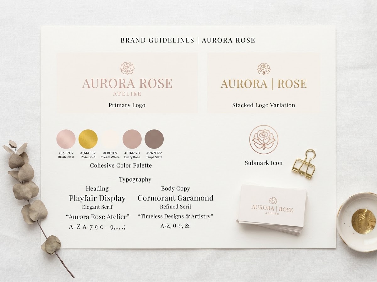 Brand board mockup with rose gold color palette and serif typography