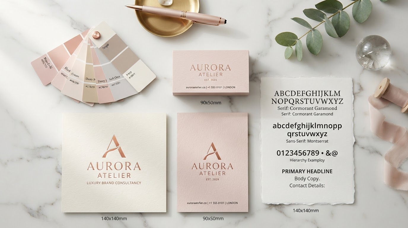 Luxury brand identity flatlay with rose gold business cards and color swatches